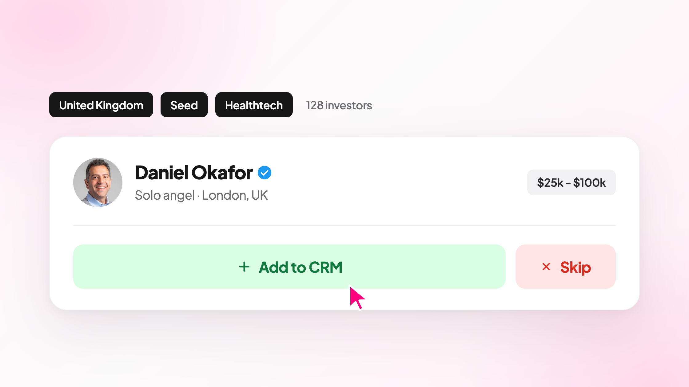 An investor card on OpenVC filtered by United Kingdom, Seed and Healthtech, with Add to CRM and Skip buttons