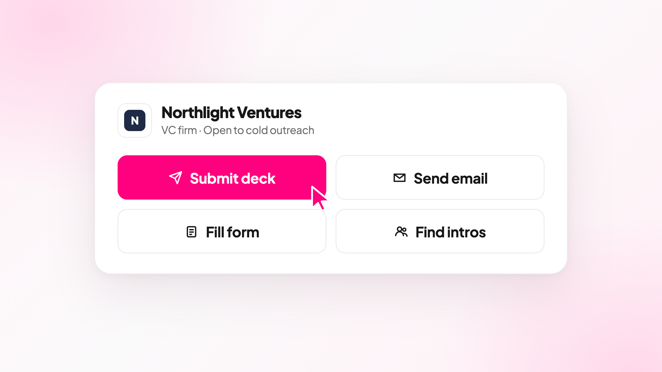Four contact options for an investor on OpenVC: Submit deck highlighted, Send email, Fill form and Find intros