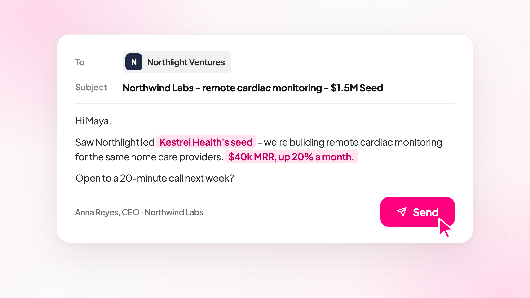 A short personalized pitch email to Northlight Ventures on OpenVC, with the personalized details highlighted and a Send button