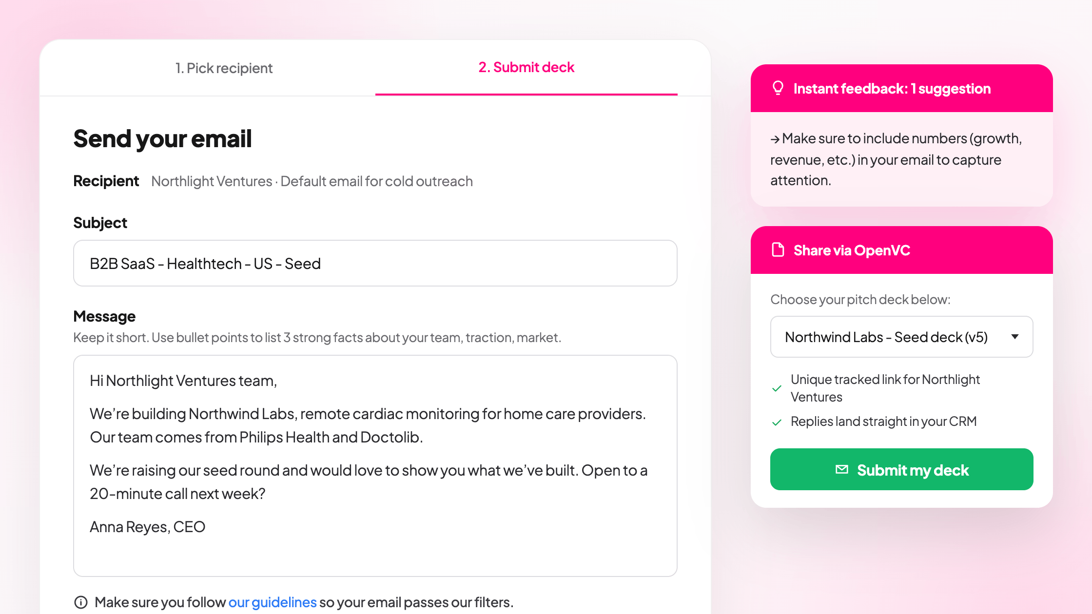 OpenVC outreach composer with a pre-filled pitch and a tracked deck link