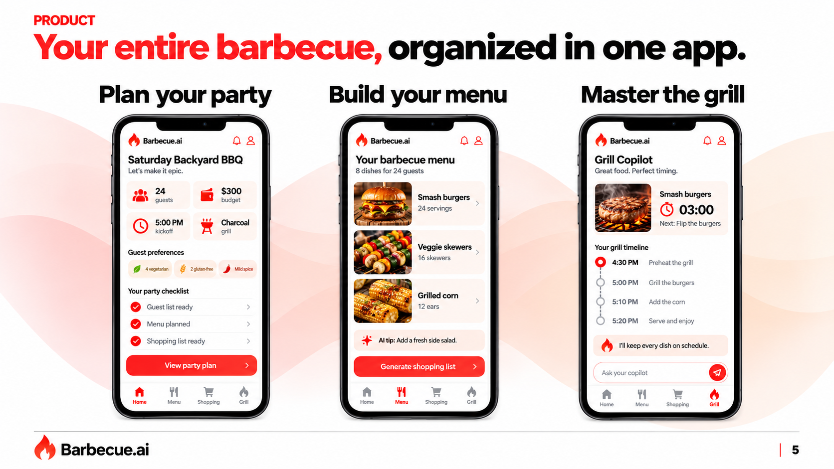 Barbecue.ai product slide showing three app screens for planning a party, building a menu, and mastering the grill.