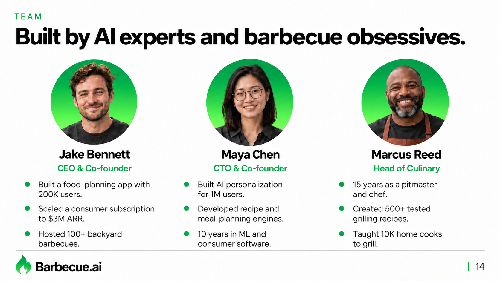 Barbecue.ai team slide: built by AI experts and barbecue obsessives, with three founder portraits.