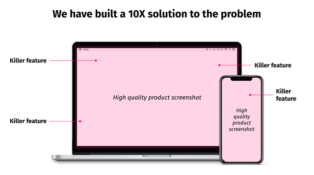 Solution template with laptop and phone mockups and killer feature callouts